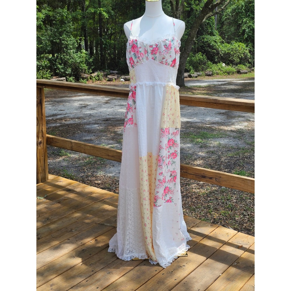 Altar'd State Patchwork Floral Lace Maxi Dress Corset Back Pink Yellow XXL